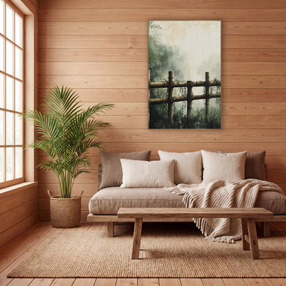 Misty Bamboo Fence Japandi Landscape wall art in a calm Japandi-style room – bamboo fence with crossed rope ties
