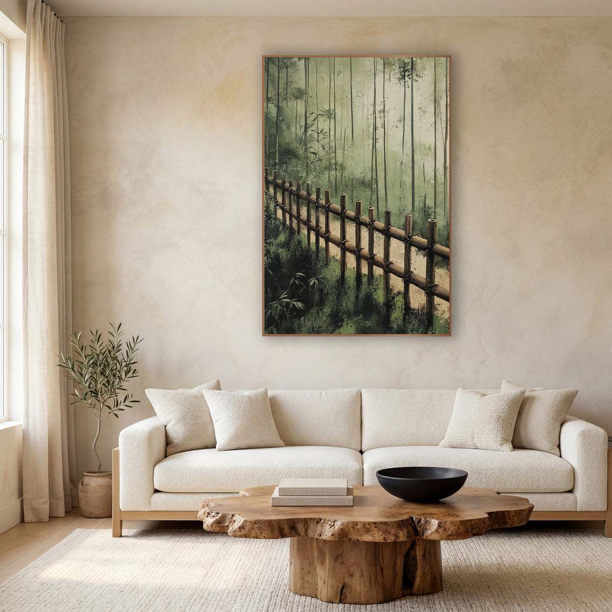 Misty Bamboo Fence Forest Landscape wall art in a calm Japandi-style room – bamboo fence along a sandy path with tall