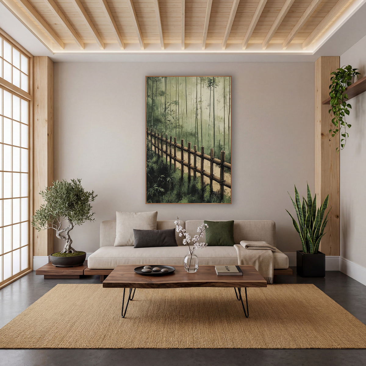 Misty Bamboo Fence Forest Landscape wall art in a calm Japandi-style room – bamboo fence along a sandy path with tall