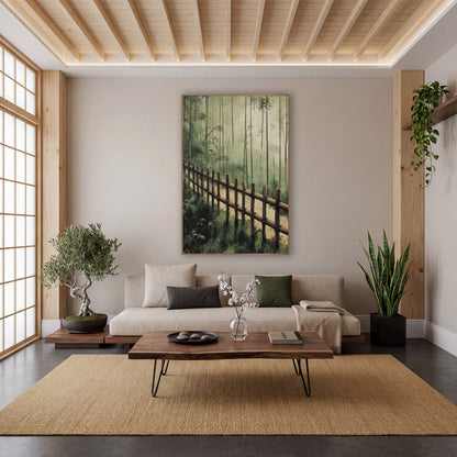 Misty Bamboo Fence Forest Landscape wall art in a calm Japandi-style room – bamboo fence along a sandy path with tall