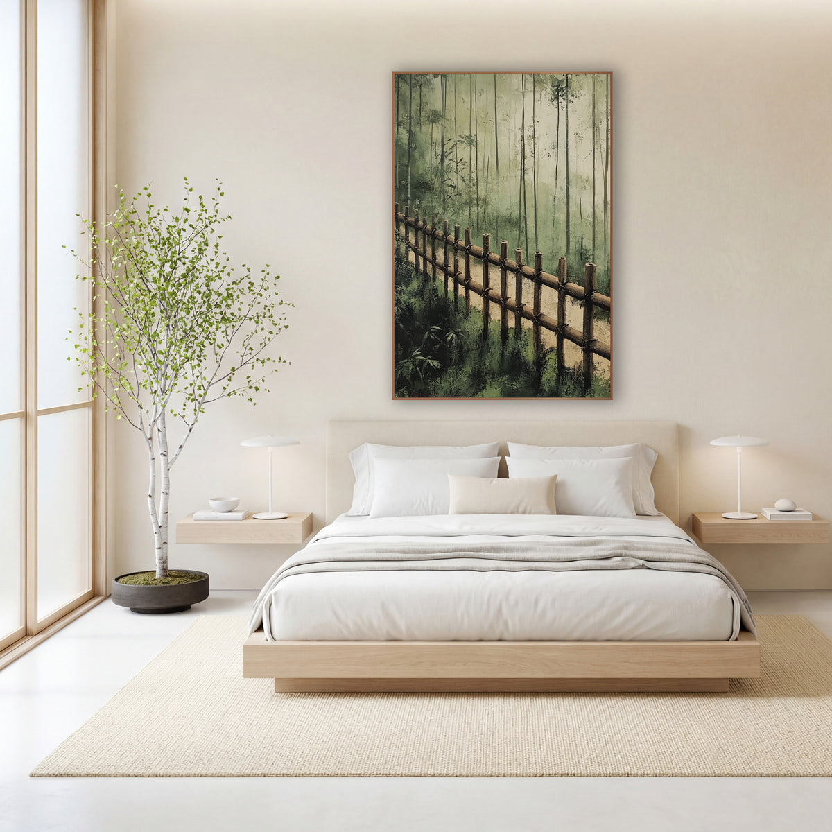 Misty Bamboo Fence Forest Landscape wall art in a calm Japandi-style room – bamboo fence along a sandy path with tall