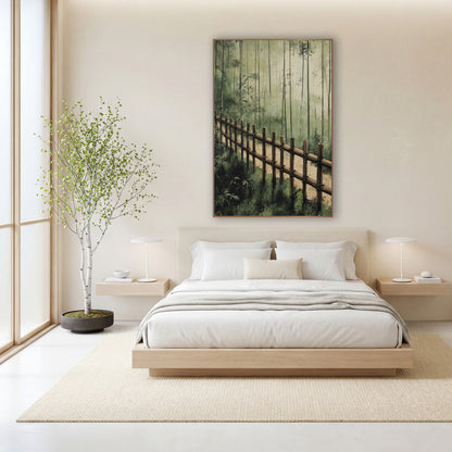 Misty Bamboo Fence Forest Landscape wall art in a calm Japandi-style room – bamboo fence along a sandy path with tall