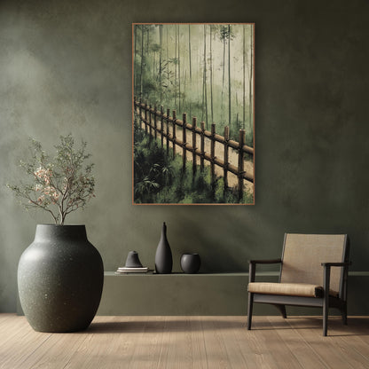 Misty Bamboo Fence Forest Landscape wall art in a calm Japandi-style room – bamboo fence along a sandy path with tall