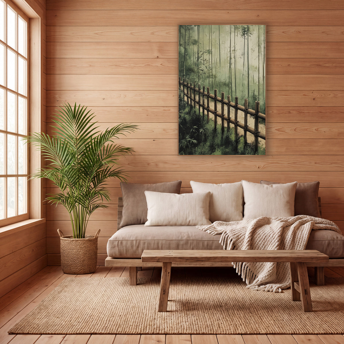 Misty Bamboo Fence Forest Landscape wall art in a calm Japandi-style room – bamboo fence along a sandy path with tall