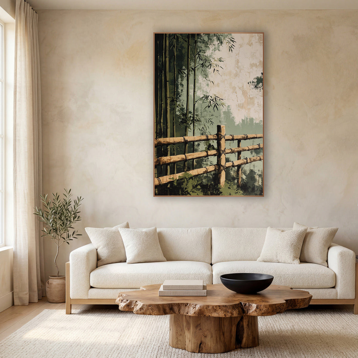 Bamboo Grove Fence Japandi wall art in a calm Japandi-style room – bamboo rail fence tied with dark cord in front