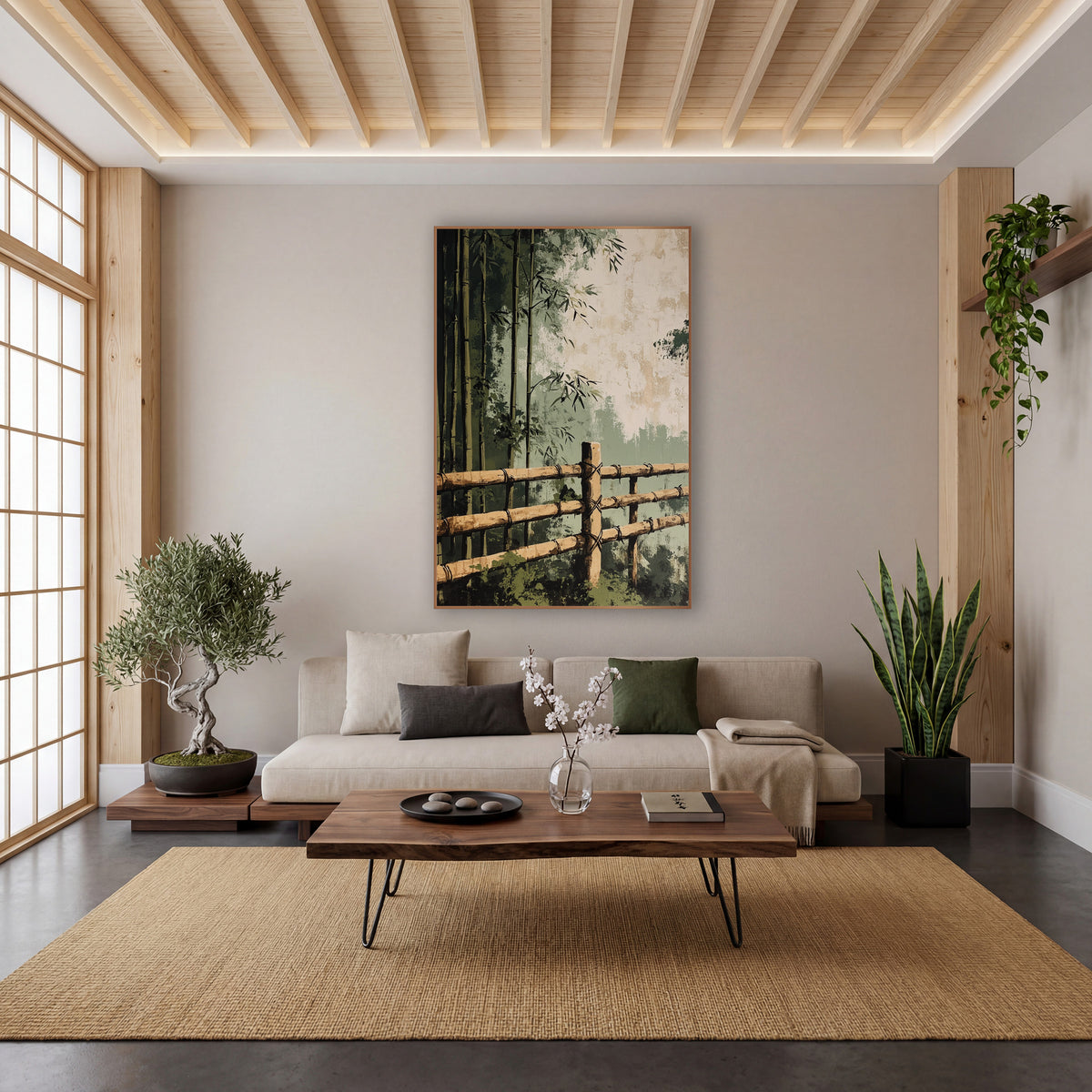 Bamboo Grove Fence Japandi wall art in a calm Japandi-style room – bamboo rail fence tied with dark cord in front