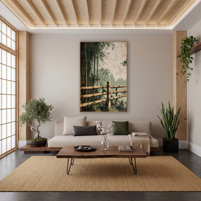 Bamboo Grove Fence Japandi wall art in a calm Japandi-style room – bamboo rail fence tied with dark cord in front