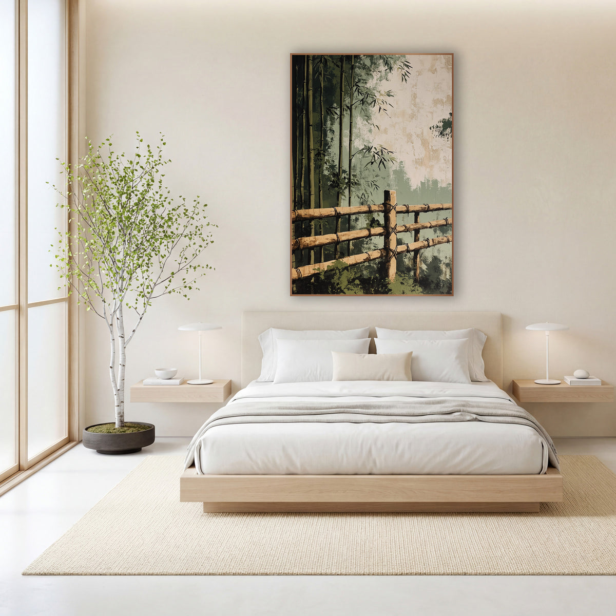Bamboo Grove Fence Japandi wall art in a calm Japandi-style room – bamboo rail fence tied with dark cord in front