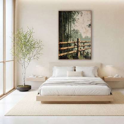 Bamboo Grove Fence Japandi wall art in a calm Japandi-style room – bamboo rail fence tied with dark cord in front