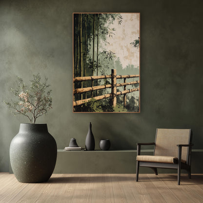 Bamboo Grove Fence Japandi wall art in a calm Japandi-style room – bamboo rail fence tied with dark cord in front
