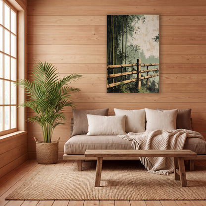 Bamboo Grove Fence Japandi wall art in a calm Japandi-style room – bamboo rail fence tied with dark cord in front