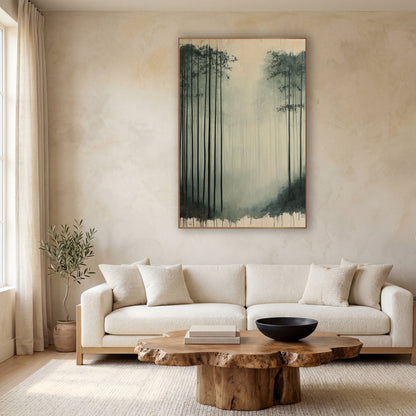 Bamboo Mist Dripping Edge Ink wall art in a calm Japandi-style room – tall dark bamboo stalks in pale gray-green fog
