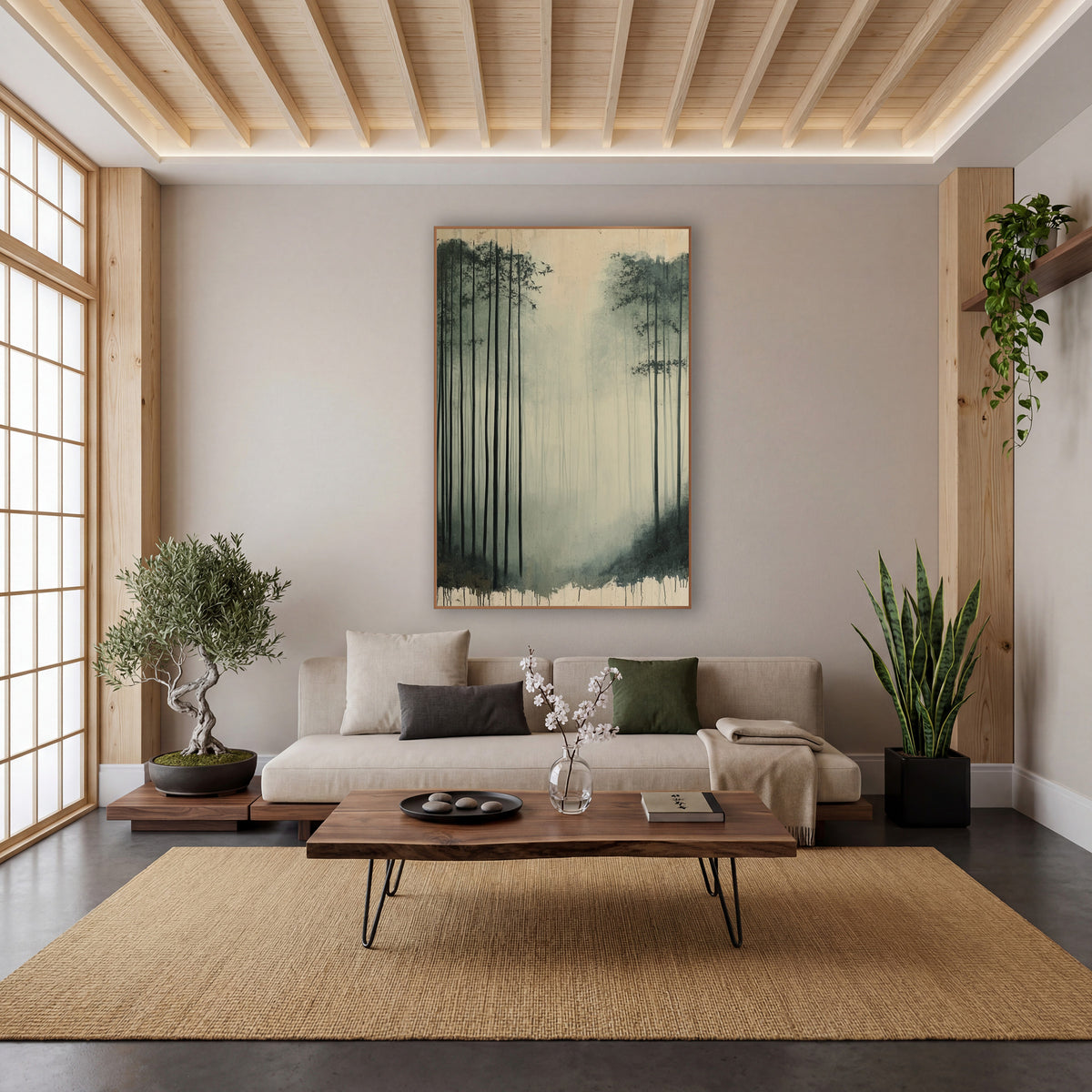 Bamboo Mist Dripping Edge Ink wall art in a calm Japandi-style room – tall dark bamboo stalks in pale gray-green fog