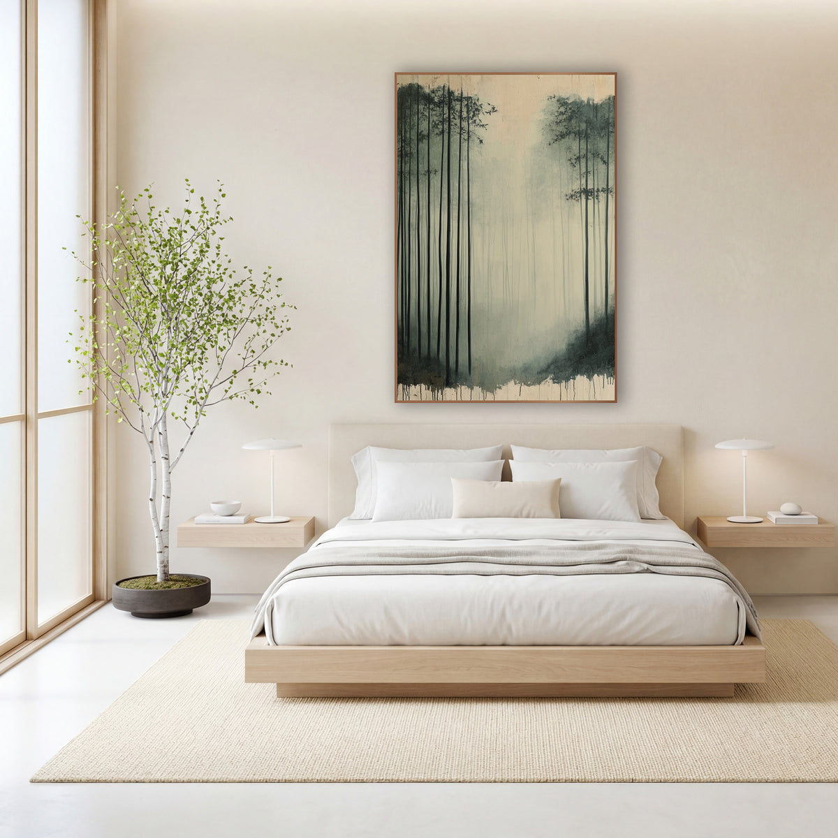 Bamboo Mist Dripping Edge Ink wall art in a calm Japandi-style room – tall dark bamboo stalks in pale gray-green fog