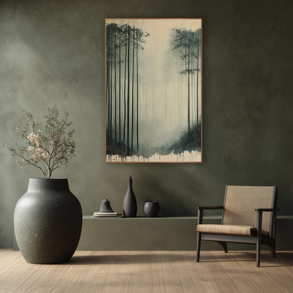 Bamboo Mist Dripping Edge Ink wall art in a calm Japandi-style room – tall dark bamboo stalks in pale gray-green fog