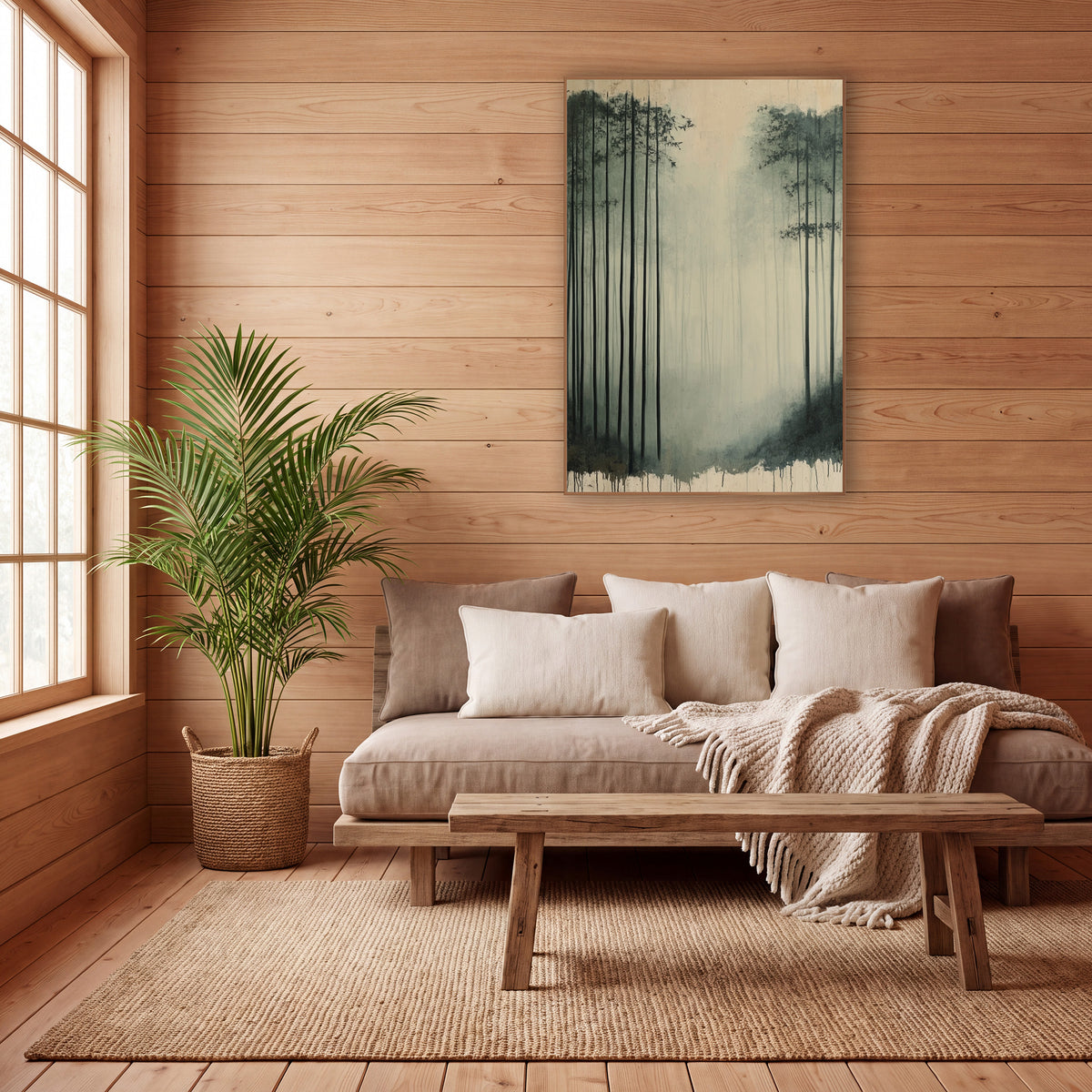 Bamboo Mist Dripping Edge Ink wall art in a calm Japandi-style room – tall dark bamboo stalks in pale gray-green fog