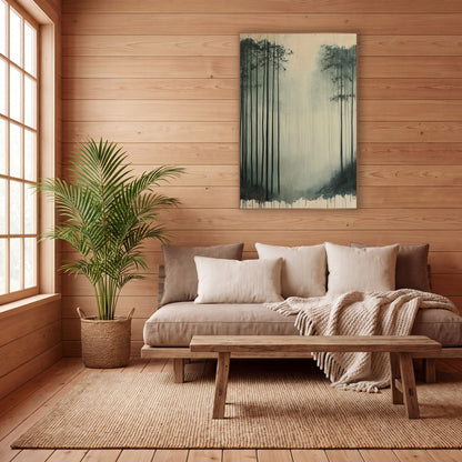 Bamboo Mist Dripping Edge Ink wall art in a calm Japandi-style room – tall dark bamboo stalks in pale gray-green fog
