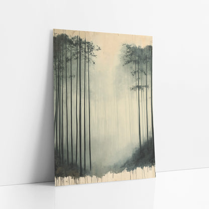 Bamboo Mist Dripping Edge Ink art print leaning against a white wall – tall dark bamboo stalks in pale gray-green fog