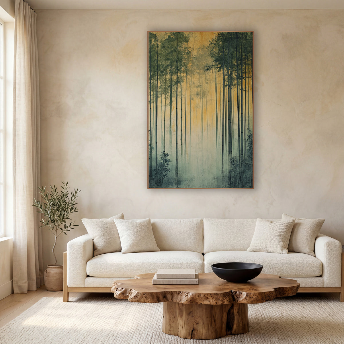 Bamboo Golden Dawn Glow Zen wall art in a calm Japandi-style room – tall bamboo stalks with green leaves rise through