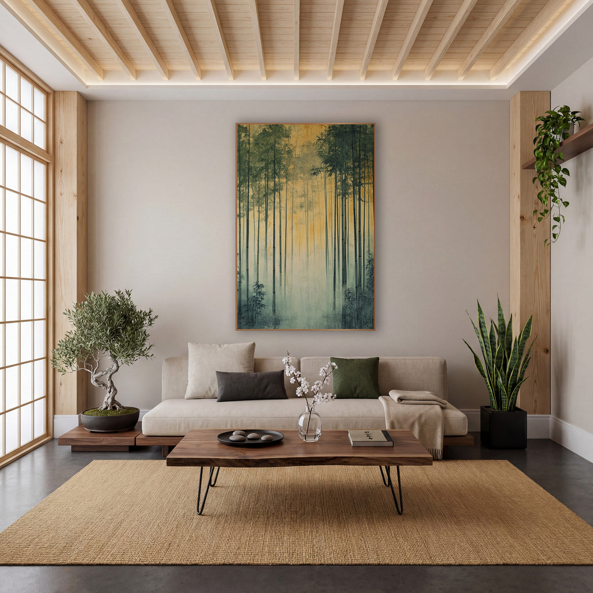 Bamboo Golden Dawn Glow Zen wall art in a calm Japandi-style room – tall bamboo stalks with green leaves rise through