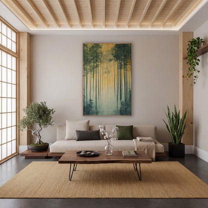 Bamboo Golden Dawn Glow Zen wall art in a calm Japandi-style room – tall bamboo stalks with green leaves rise through