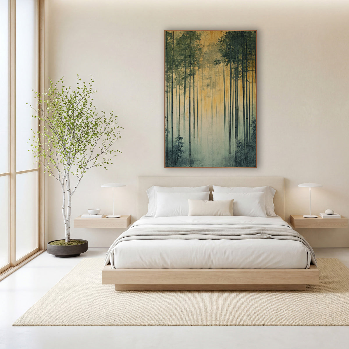 Bamboo Golden Dawn Glow Zen wall art in a calm Japandi-style room – tall bamboo stalks with green leaves rise through