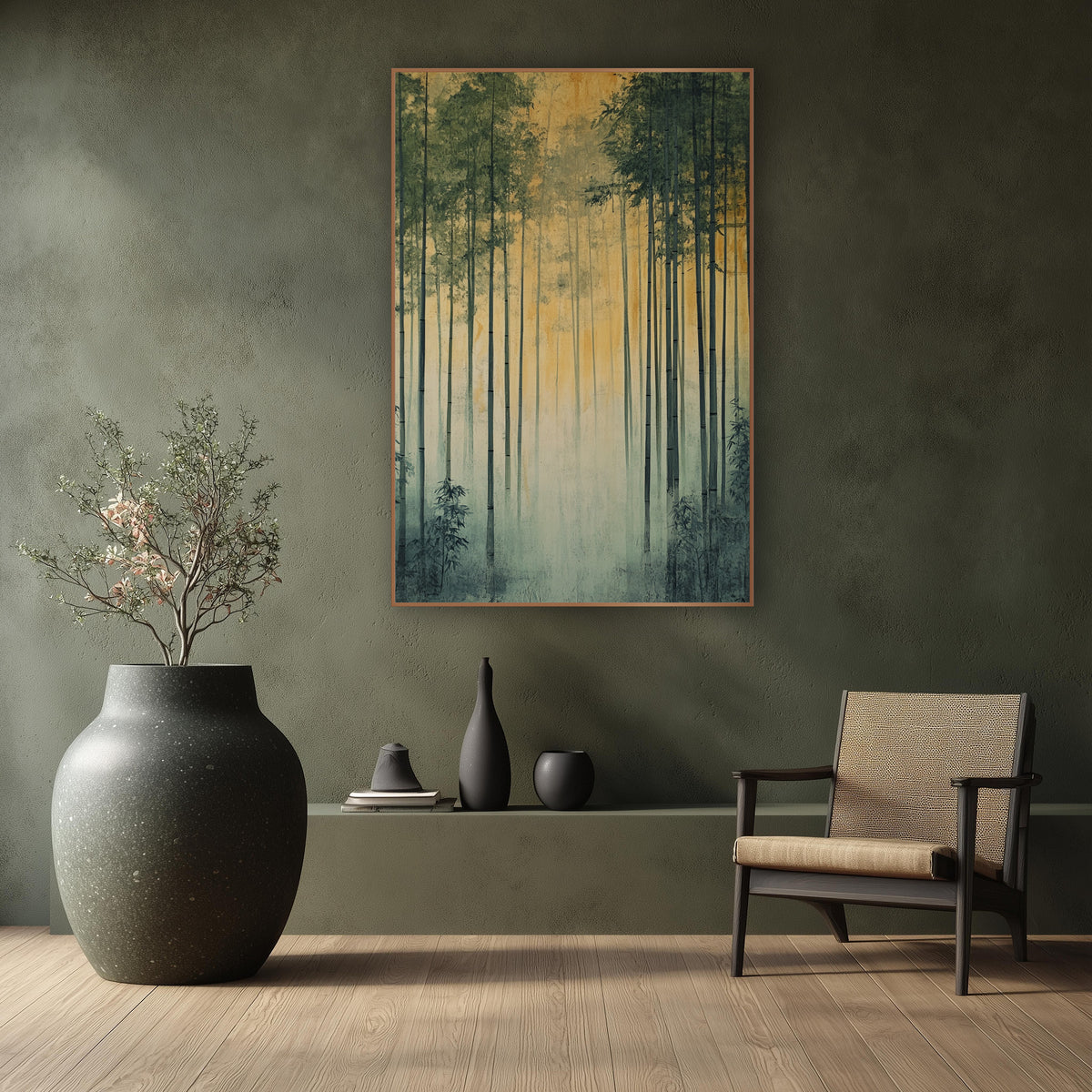 Bamboo Golden Dawn Glow Zen wall art in a calm Japandi-style room – tall bamboo stalks with green leaves rise through