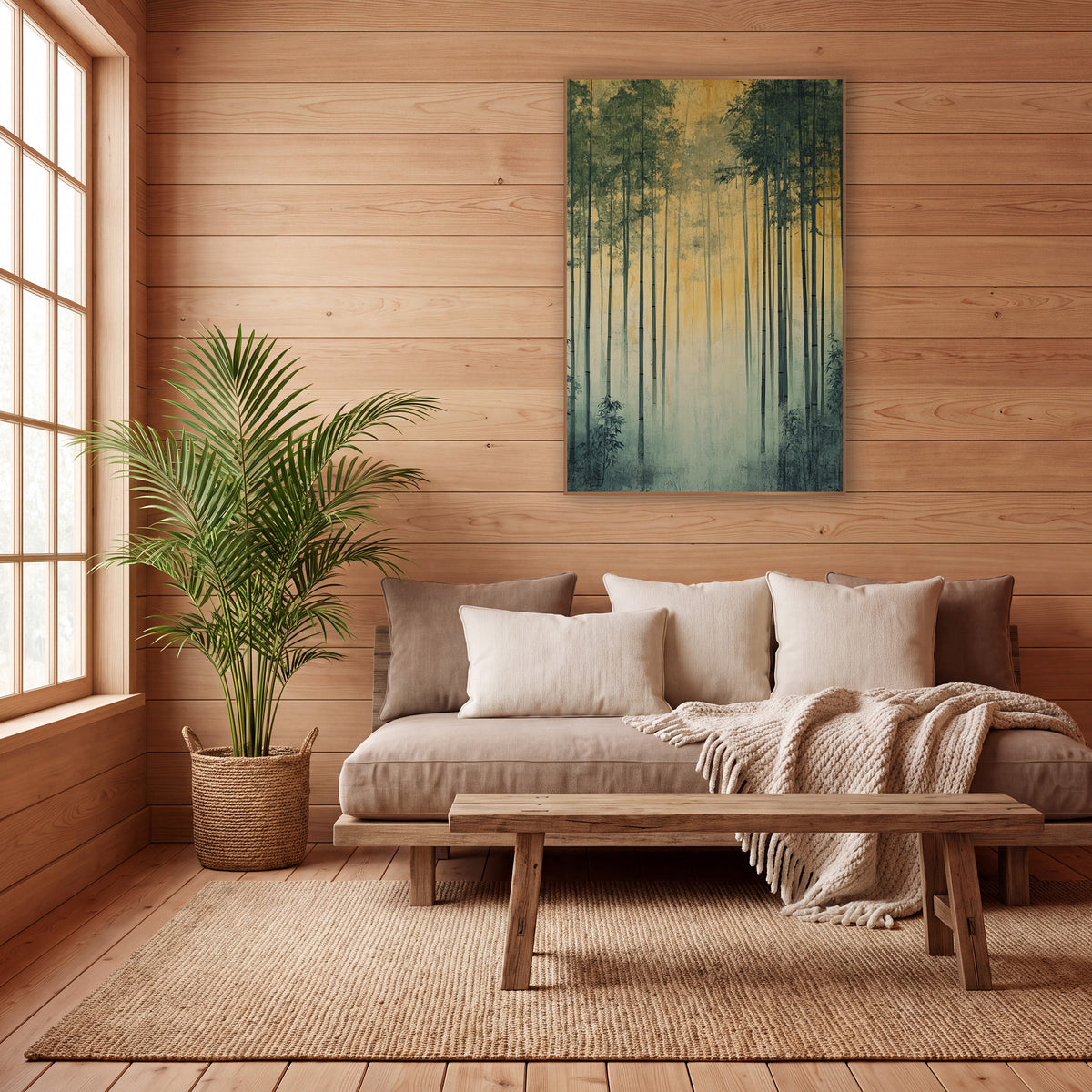 Bamboo Golden Dawn Glow Zen wall art in a calm Japandi-style room – tall bamboo stalks with green leaves rise through