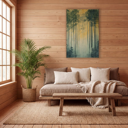 Bamboo Golden Dawn Glow Zen wall art in a calm Japandi-style room – tall bamboo stalks with green leaves rise through