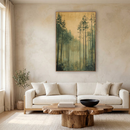 Tall Misty Forest Japandi Landscape wall art in a calm Japandi-style room – tall slender evergreen trees in pale mist