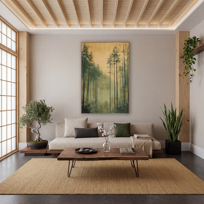 Tall Misty Forest Japandi Landscape wall art in a calm Japandi-style room – tall slender evergreen trees in pale mist