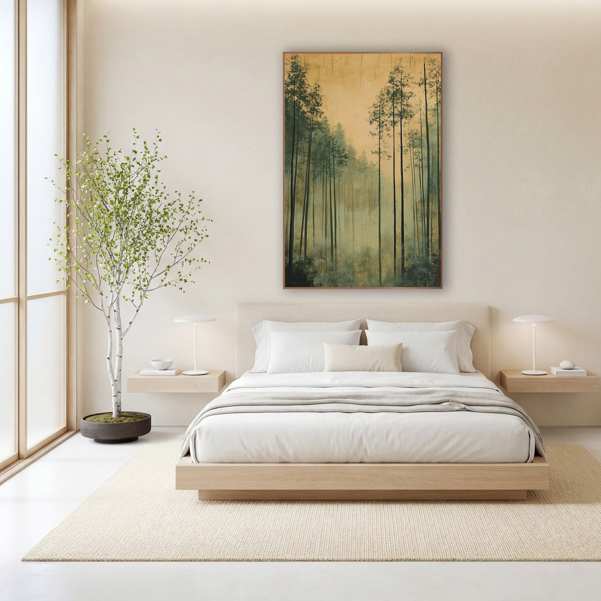 Tall Misty Forest Japandi Landscape wall art in a calm Japandi-style room – tall slender evergreen trees in pale mist