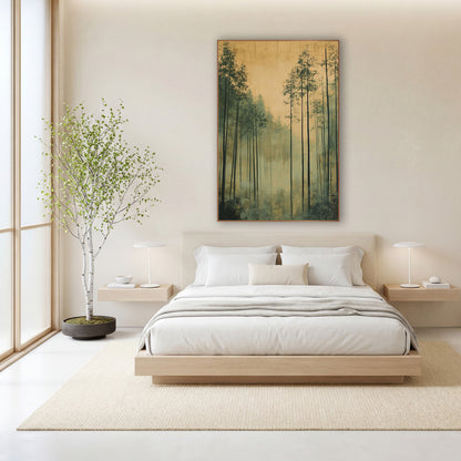 Tall Misty Forest Japandi Landscape wall art in a calm Japandi-style room – tall slender evergreen trees in pale mist