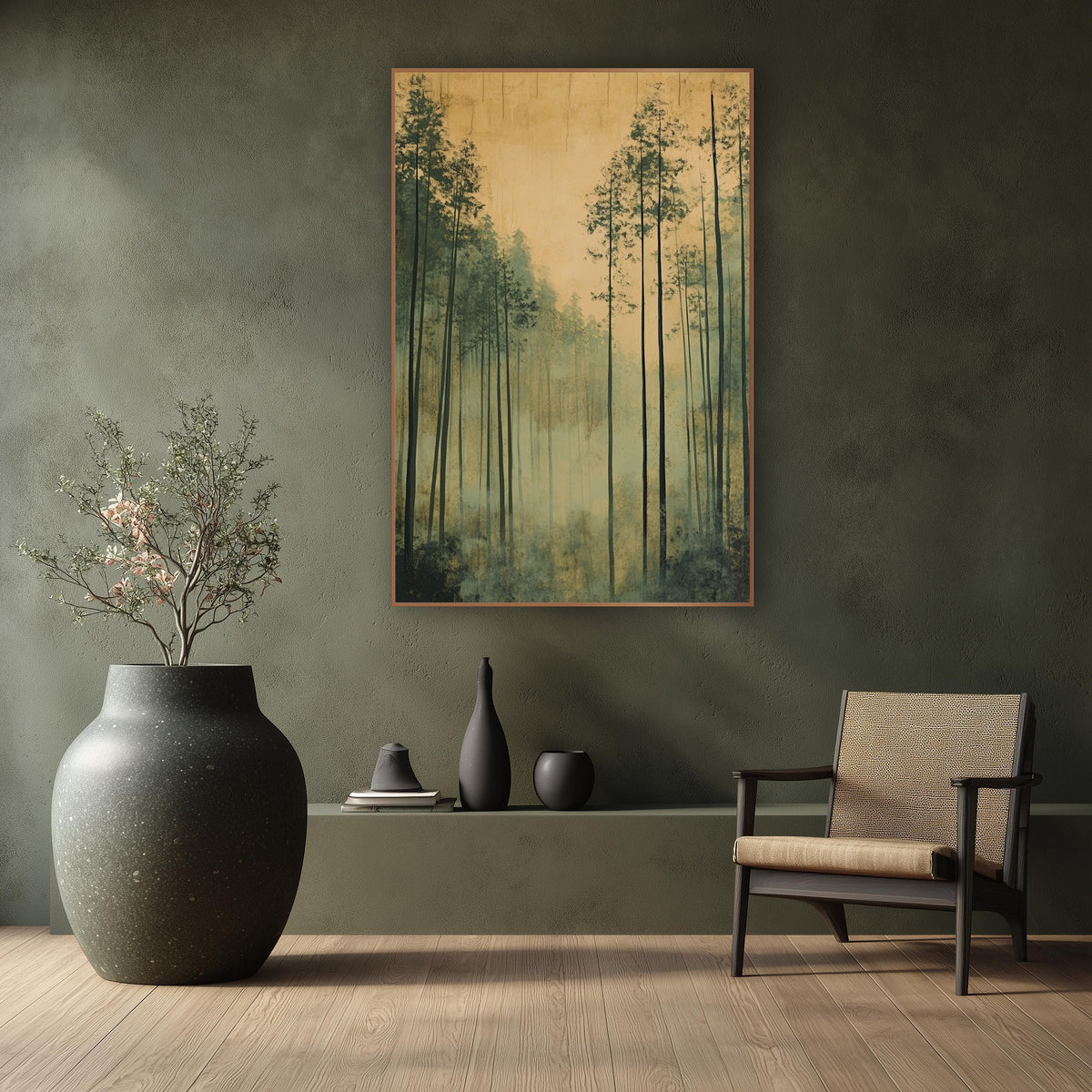 Tall Misty Forest Japandi Landscape wall art in a calm Japandi-style room – tall slender evergreen trees in pale mist