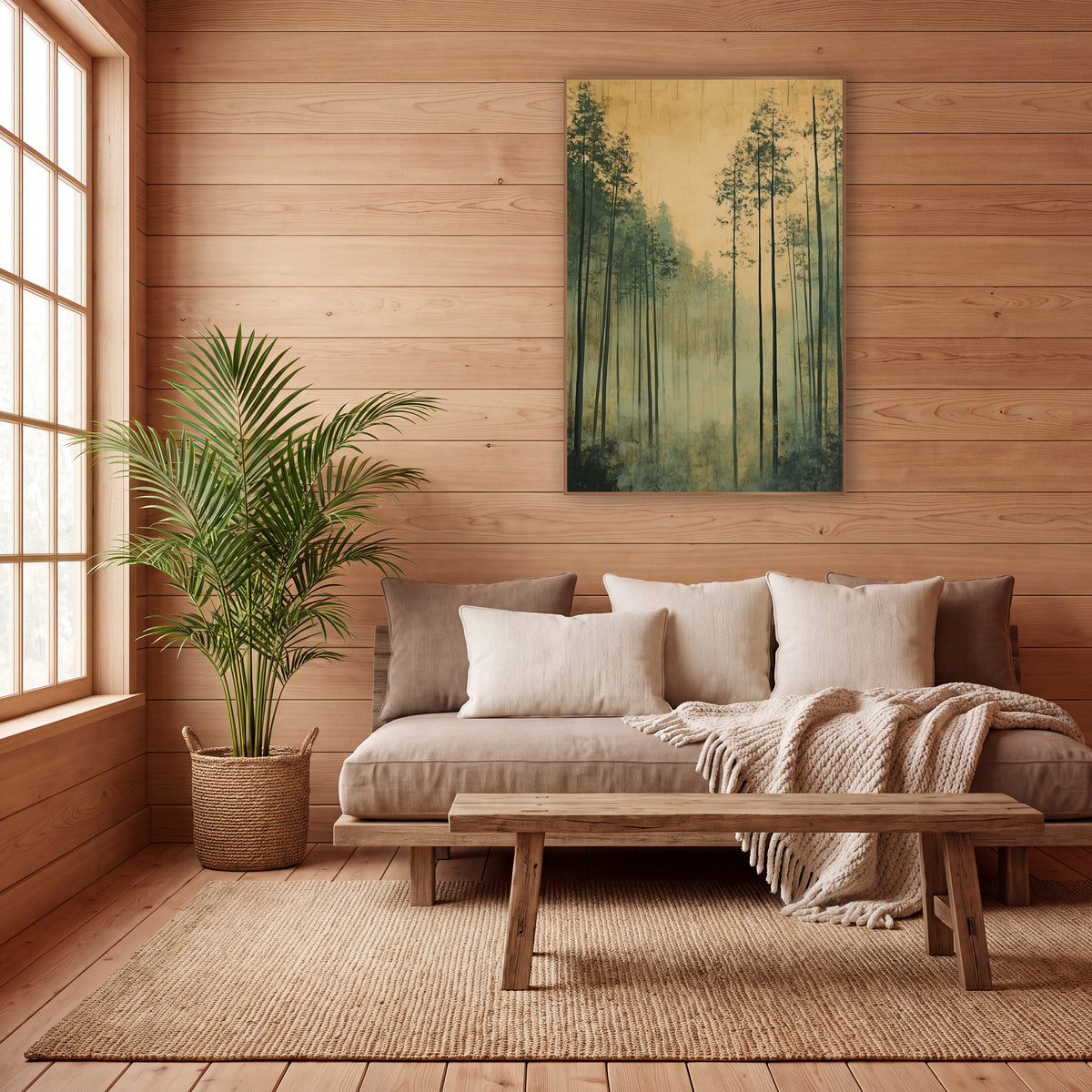 Tall Misty Forest Japandi Landscape wall art in a calm Japandi-style room – tall slender evergreen trees in pale mist
