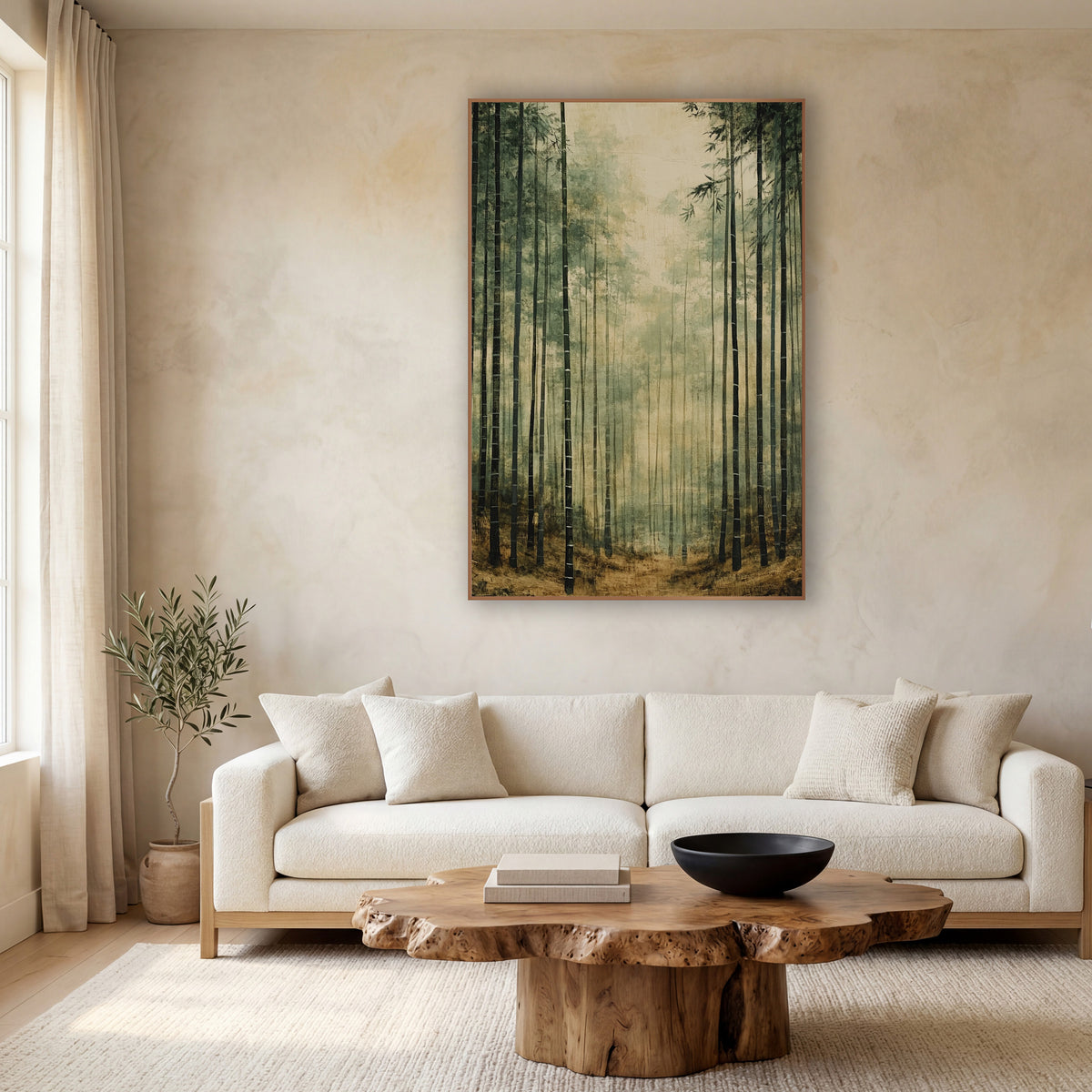 Bamboo Forest Trail Sepia Japandi wall art in a calm Japandi-style room – tall dark bamboo stalks in a hazy forest