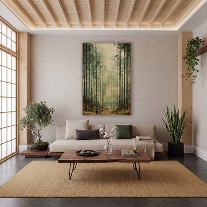 Bamboo Forest Trail Sepia Japandi wall art in a calm Japandi-style room – tall dark bamboo stalks in a hazy forest