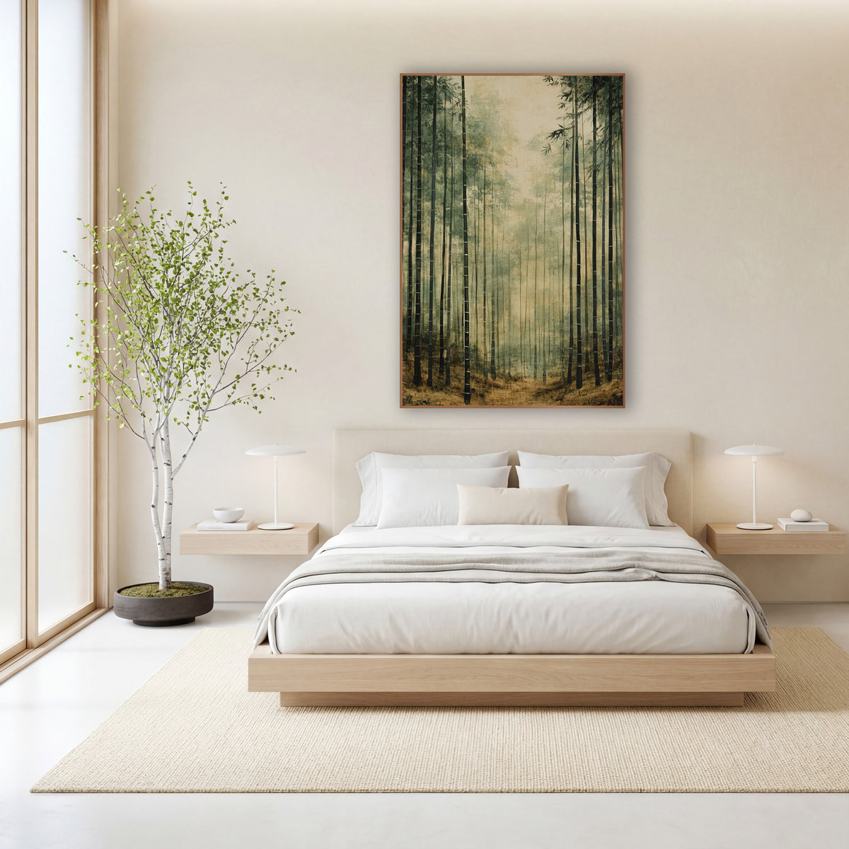 Bamboo Forest Trail Sepia Japandi wall art in a calm Japandi-style room – tall dark bamboo stalks in a hazy forest