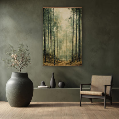 Bamboo Forest Trail Sepia Japandi wall art in a calm Japandi-style room – tall dark bamboo stalks in a hazy forest