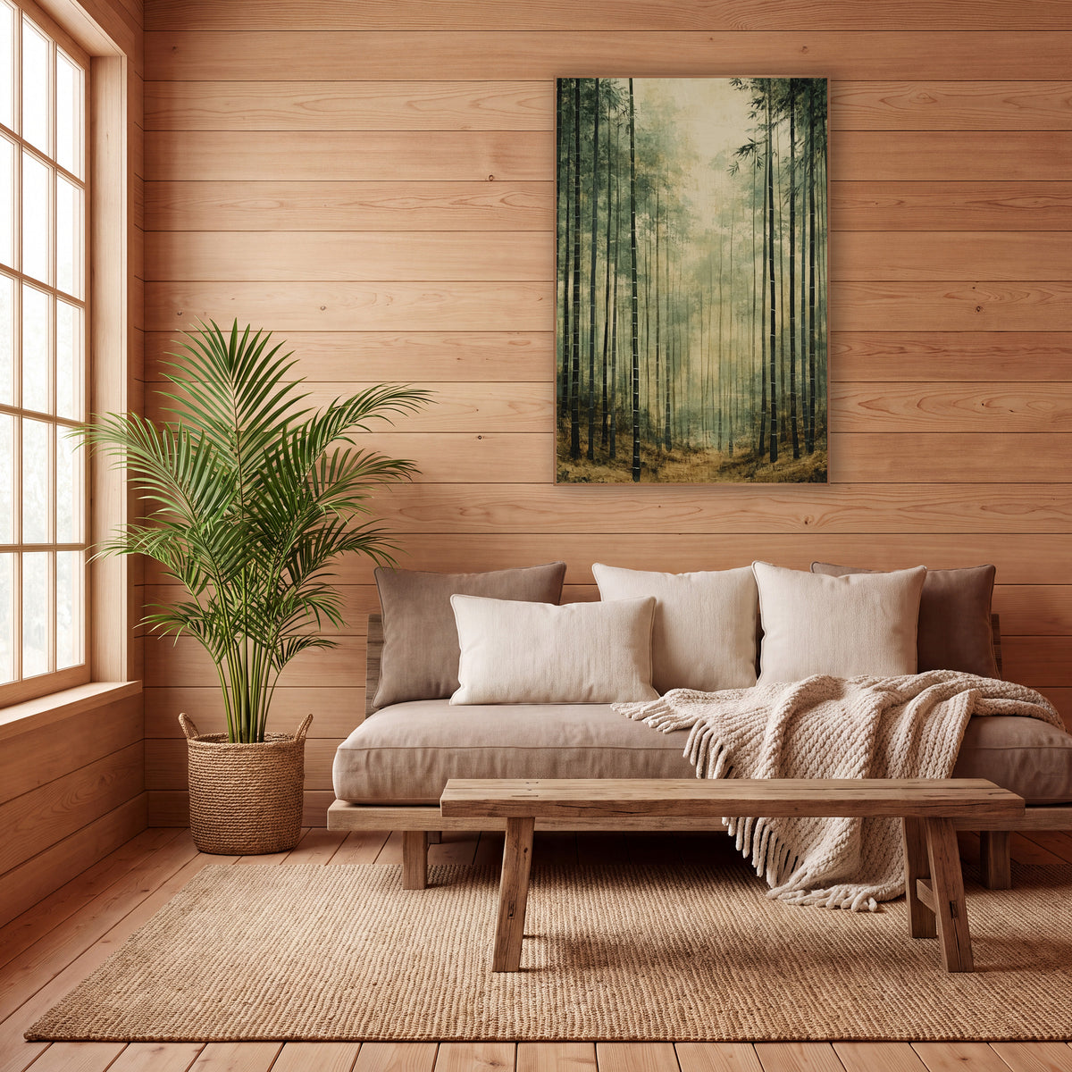 Bamboo Forest Trail Sepia Japandi wall art in a calm Japandi-style room – tall dark bamboo stalks in a hazy forest