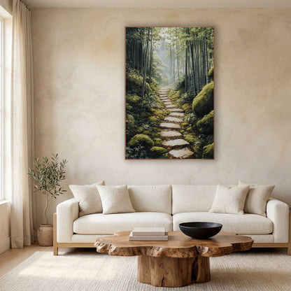 Mossy Boulders Bamboo Path Japandi wall art in a calm Japandi-style room – narrow stone path through a tall bamboo