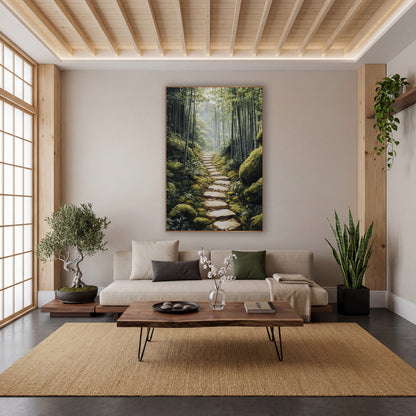 Mossy Boulders Bamboo Path Japandi wall art in a calm Japandi-style room – narrow stone path through a tall bamboo
