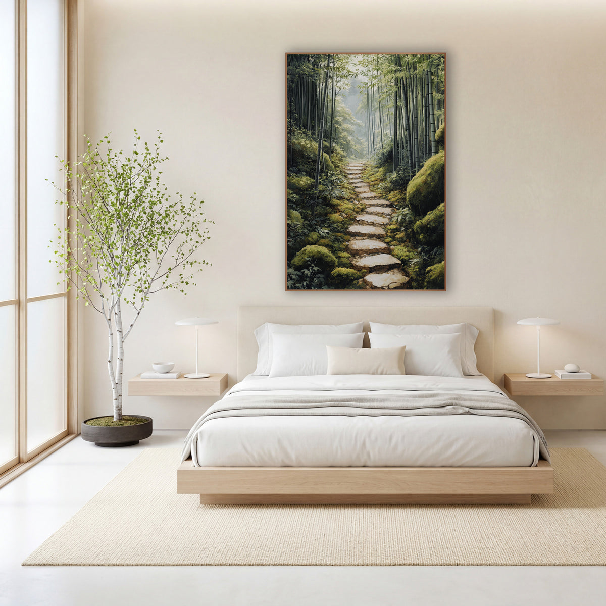 Mossy Boulders Bamboo Path Japandi wall art in a calm Japandi-style room – narrow stone path through a tall bamboo