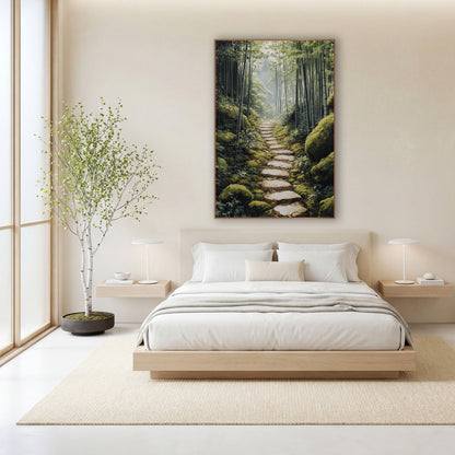 Mossy Boulders Bamboo Path Japandi wall art in a calm Japandi-style room – narrow stone path through a tall bamboo