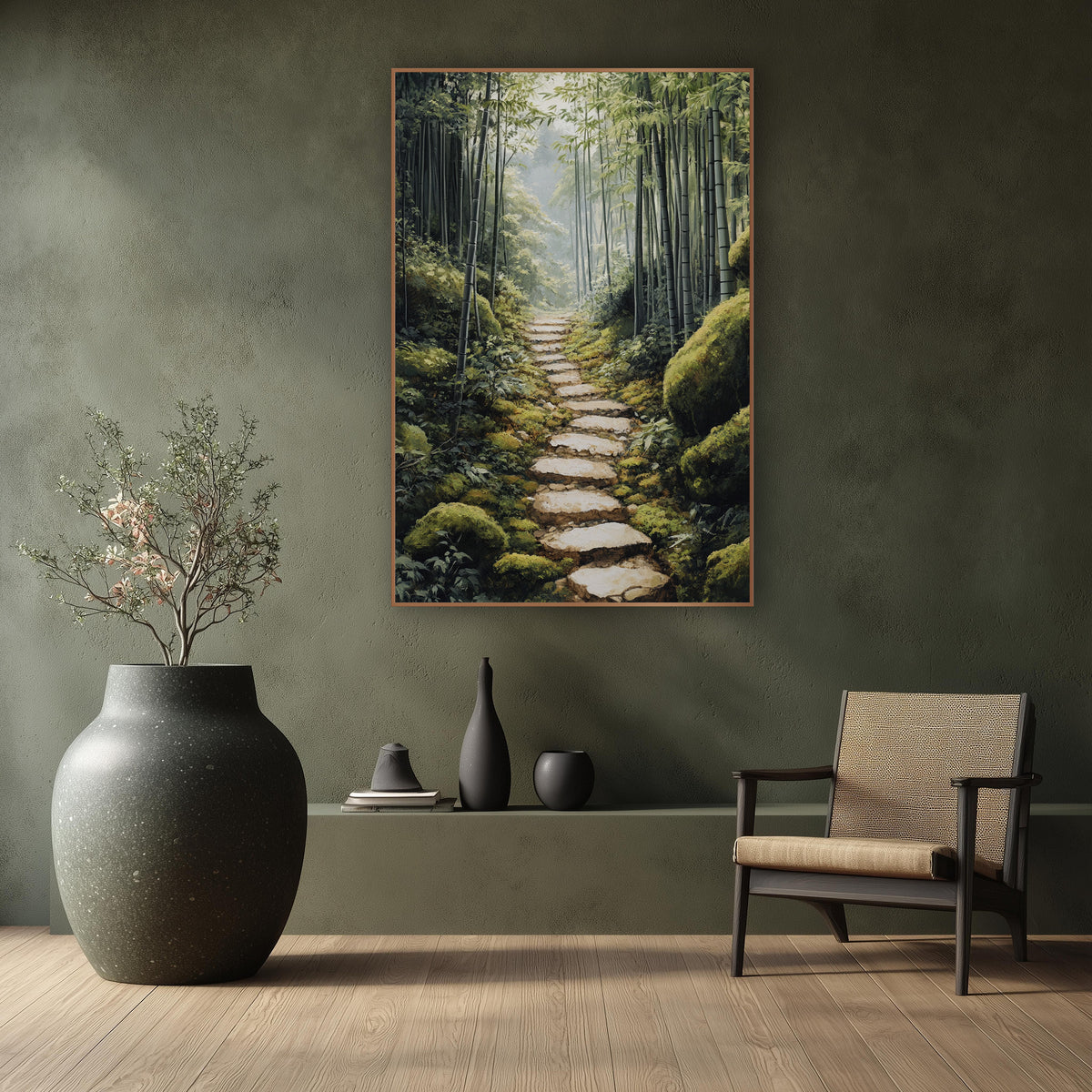 Mossy Boulders Bamboo Path Japandi wall art in a calm Japandi-style room – narrow stone path through a tall bamboo