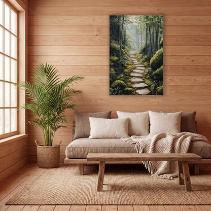 Mossy Boulders Bamboo Path Japandi wall art in a calm Japandi-style room – narrow stone path through a tall bamboo