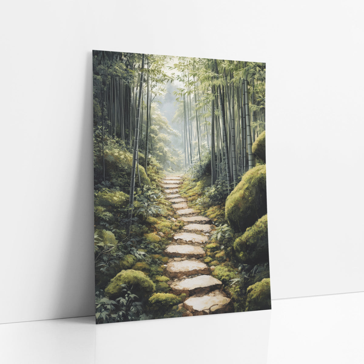 Mossy Boulders Bamboo Path Japandi art print leaning against a white wall – narrow stone path through a tall bamboo grove