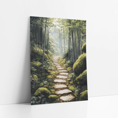 Mossy Boulders Bamboo Path Japandi art print leaning against a white wall – narrow stone path through a tall bamboo grove