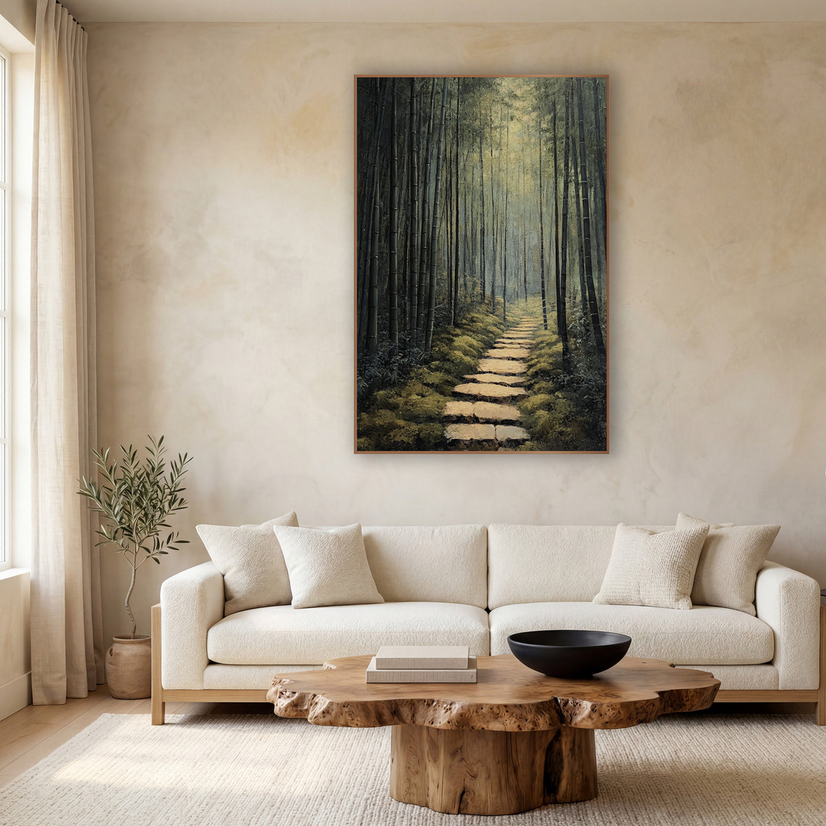 Dusky Dark Bamboo Corridor Japandi wall art in a calm Japandi-style room – narrow stone path through tall dark bamboo