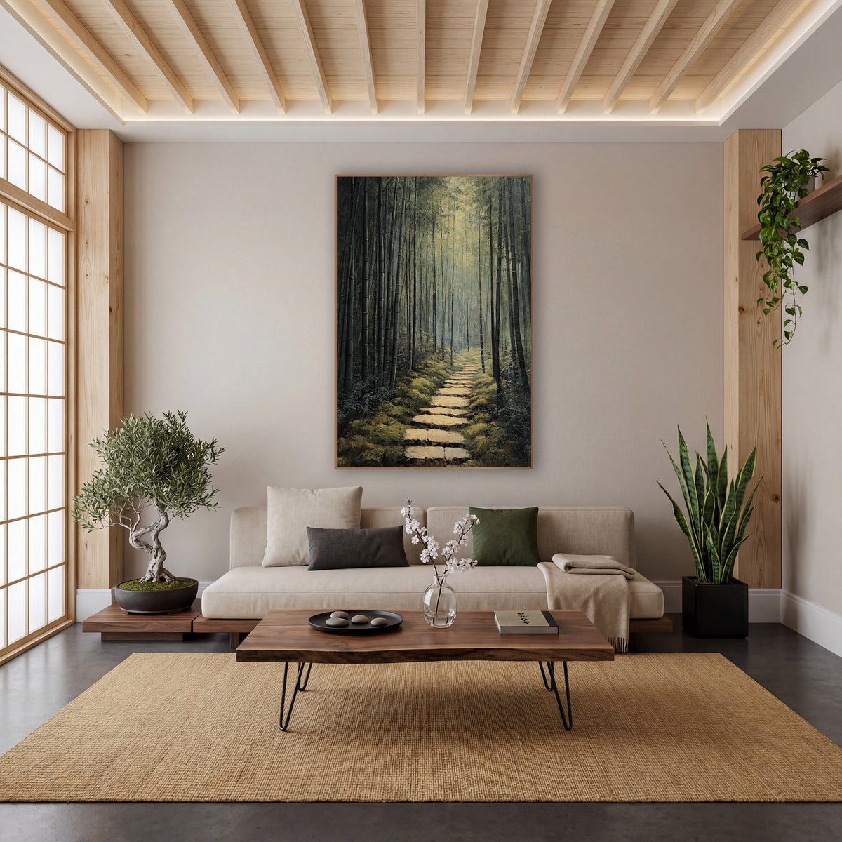 Dusky Dark Bamboo Corridor Japandi wall art in a calm Japandi-style room – narrow stone path through tall dark bamboo